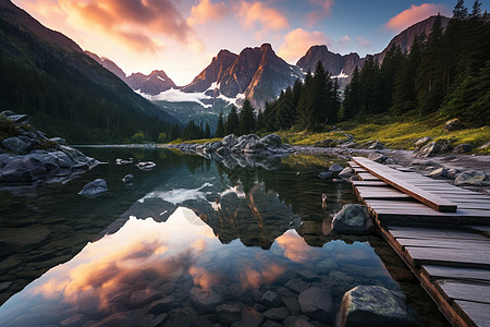 夕阳映照山峦图片