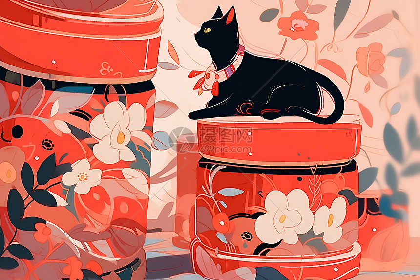 黑猫坐在罐子上图片