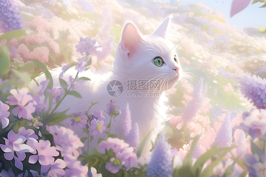 薰衣草中的白猫图片