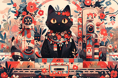 插画的黑色猫咪背景图片