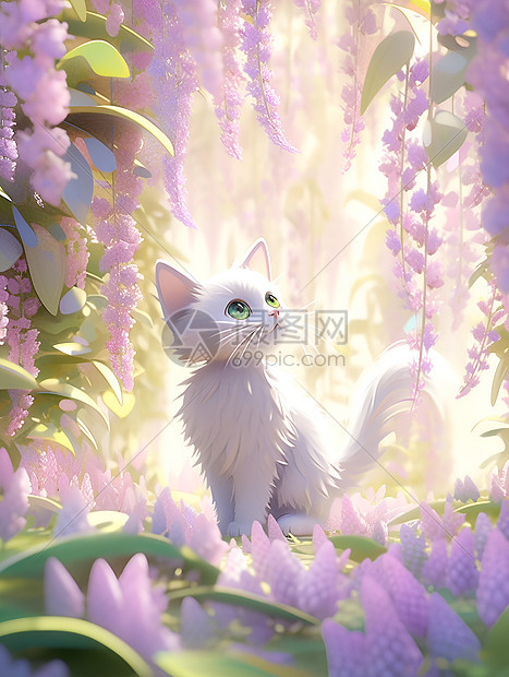 白猫在薰衣草中图片