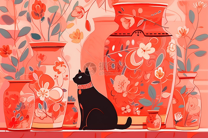 一只猫和红罐子图片