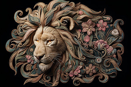 狮子的绣花头像图片
