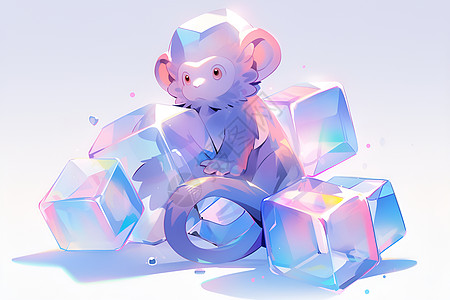 小猴子坐在一堆冰块上图片