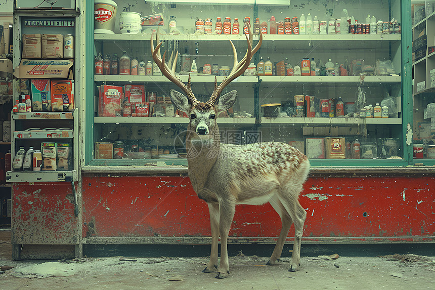 小鹿在商店前站着图片
