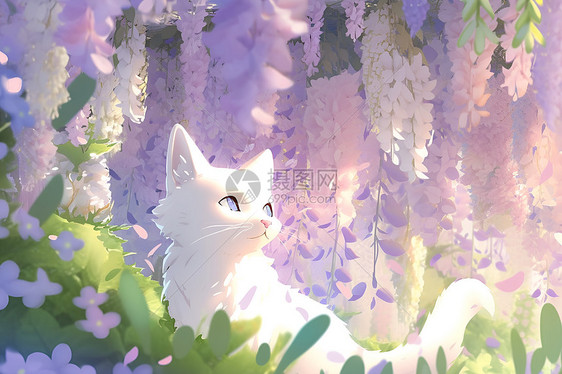 白猫漫步紫色花海图片