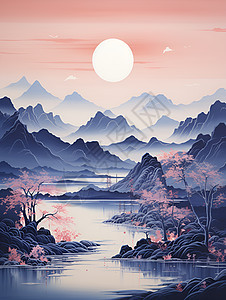 夕阳余晖下的山水画图片