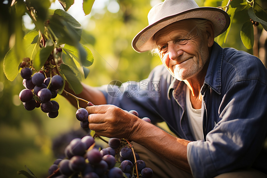 老农人在果园采摘水果图片
