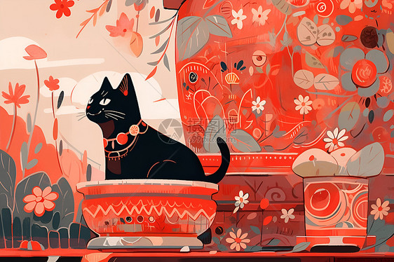 黑猫坐在花盆中图片