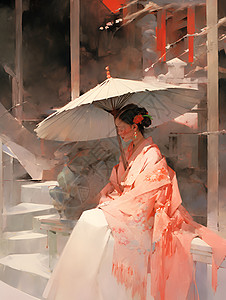 红丝伞下的中国风少女图片