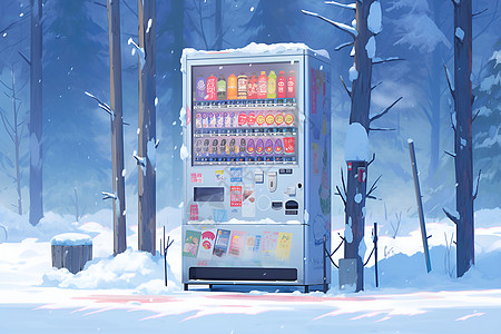 冰天雪地中一台饮料机图片