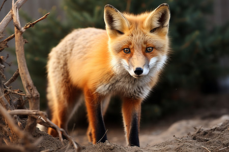 红狐站在灌木丛中图片