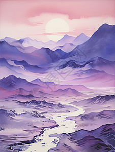 设计的紫色山水画背景图片