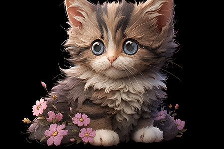绒毛小猫上绣满了柔的花朵图片