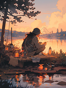 湖边的夕阳绘画背景图片