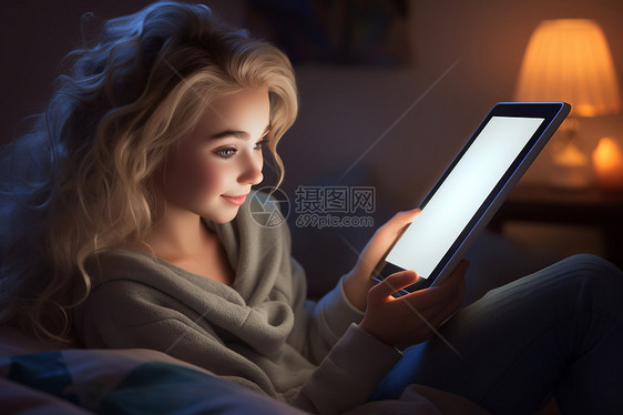 在床上看平板电脑的女士图片