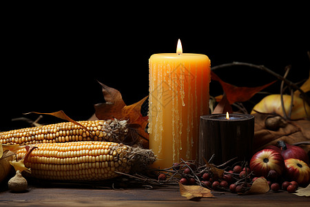蜡烛玉米周围的秋叶图片