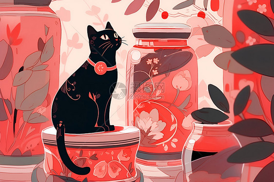 黑猫栖息于红瓶之上图片