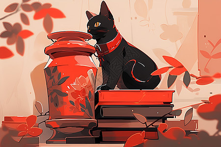 花盆旁的黑猫图片
