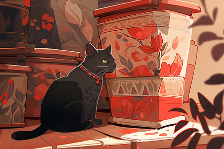 黑猫与花盆图片