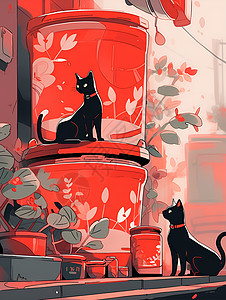 红罐上的黑猫幽默调皮的场景图片
