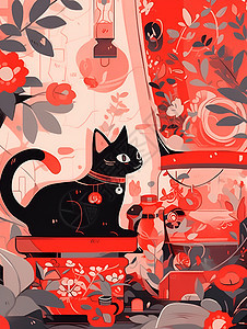 彩色花瓶上的黑色猫咪图片