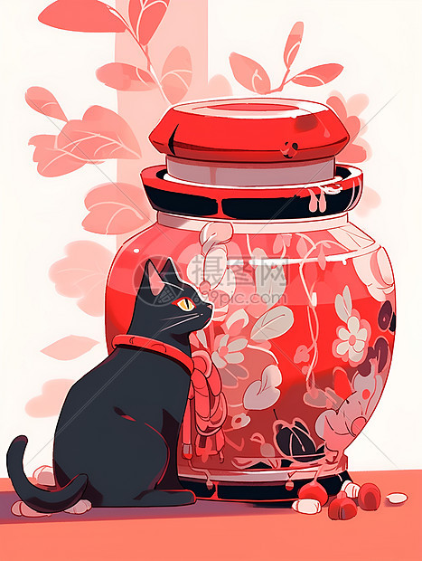 彩色花瓶旁的猫图片