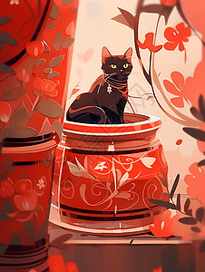 彩色花瓶上的黑色小猫图片