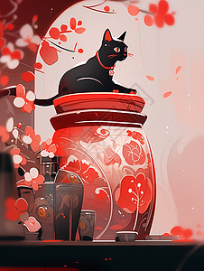 彩色花瓶上的黑猫图片