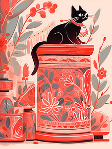 花瓶上坐着的一只黑猫图片