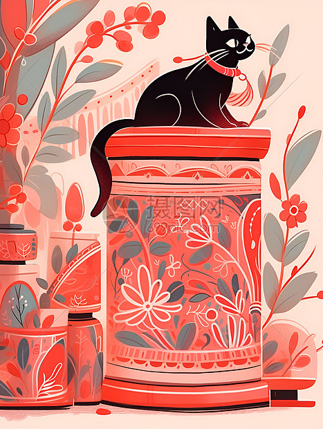 花瓶上坐着的一只黑猫图片