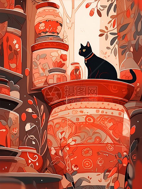 红色的瓶口坐着的猫图片