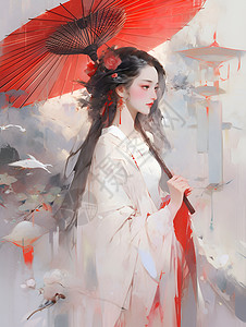 撑红伞的少女图片