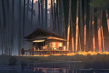 夜光下竹林中的小屋图片