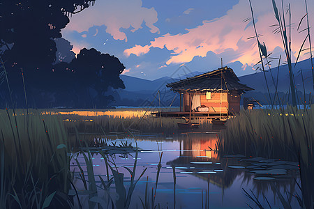 黄昏时分湖边的小屋图片