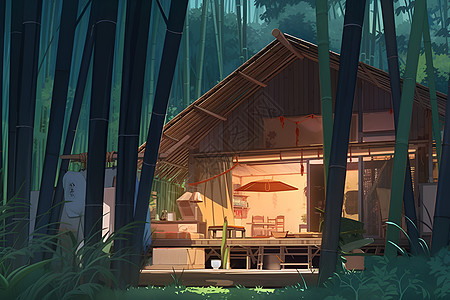 黄昏中竹林中的房屋图片