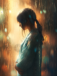 悲伤的少女下雨站立高清图片