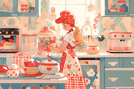 小女孩在厨房里做饭图片