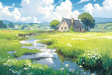 绘有房屋溪流花草和蓝天的细腻油画高清图片