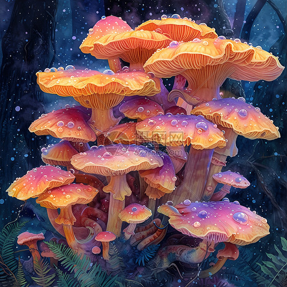 树木上的彩色蘑菇图片