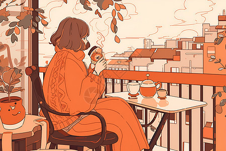 阳台上喝茶的女子背景图片