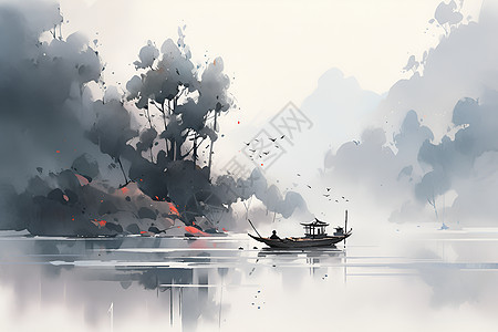 湖泊中的木船图片