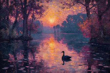 湖边夕阳下的鸭子图片