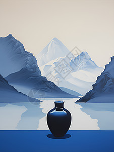 一幅蓝色中国山水画背景图片
