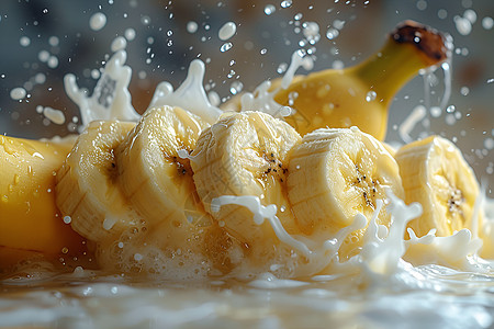 牛奶溅泼香蕉上背景图片