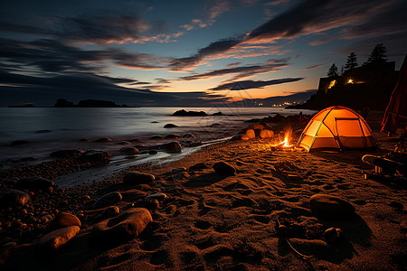 夜晚沙滩露营背景图片