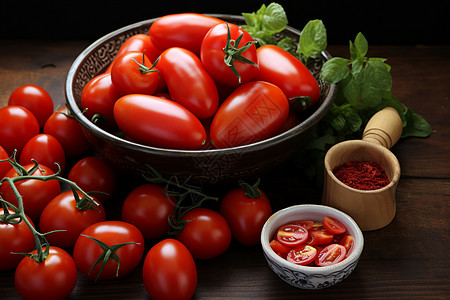 番茄锅底桌子上的番茄背景