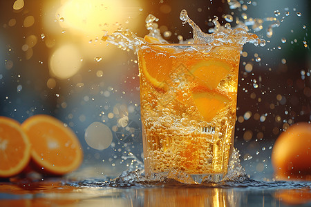 冰凉橙汁的魔幻夏日背景图片
