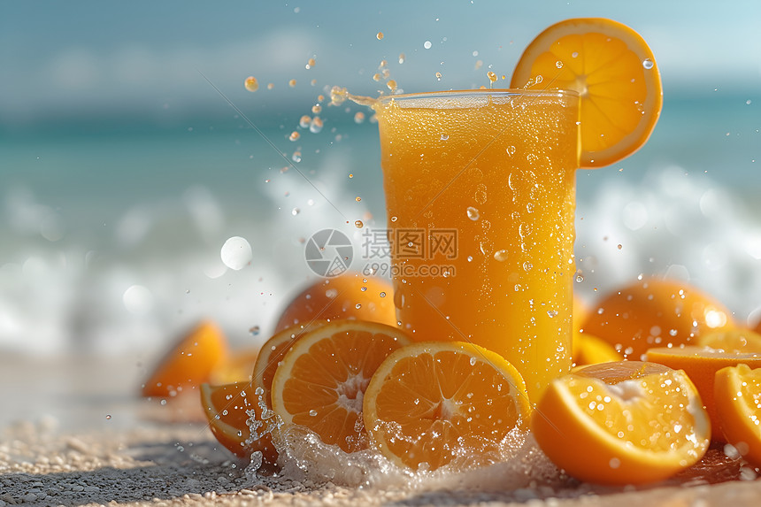 夏日微距冰凉橙汁图片