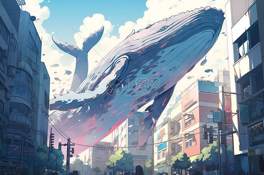 巨鲸漂浮在都市上空图片